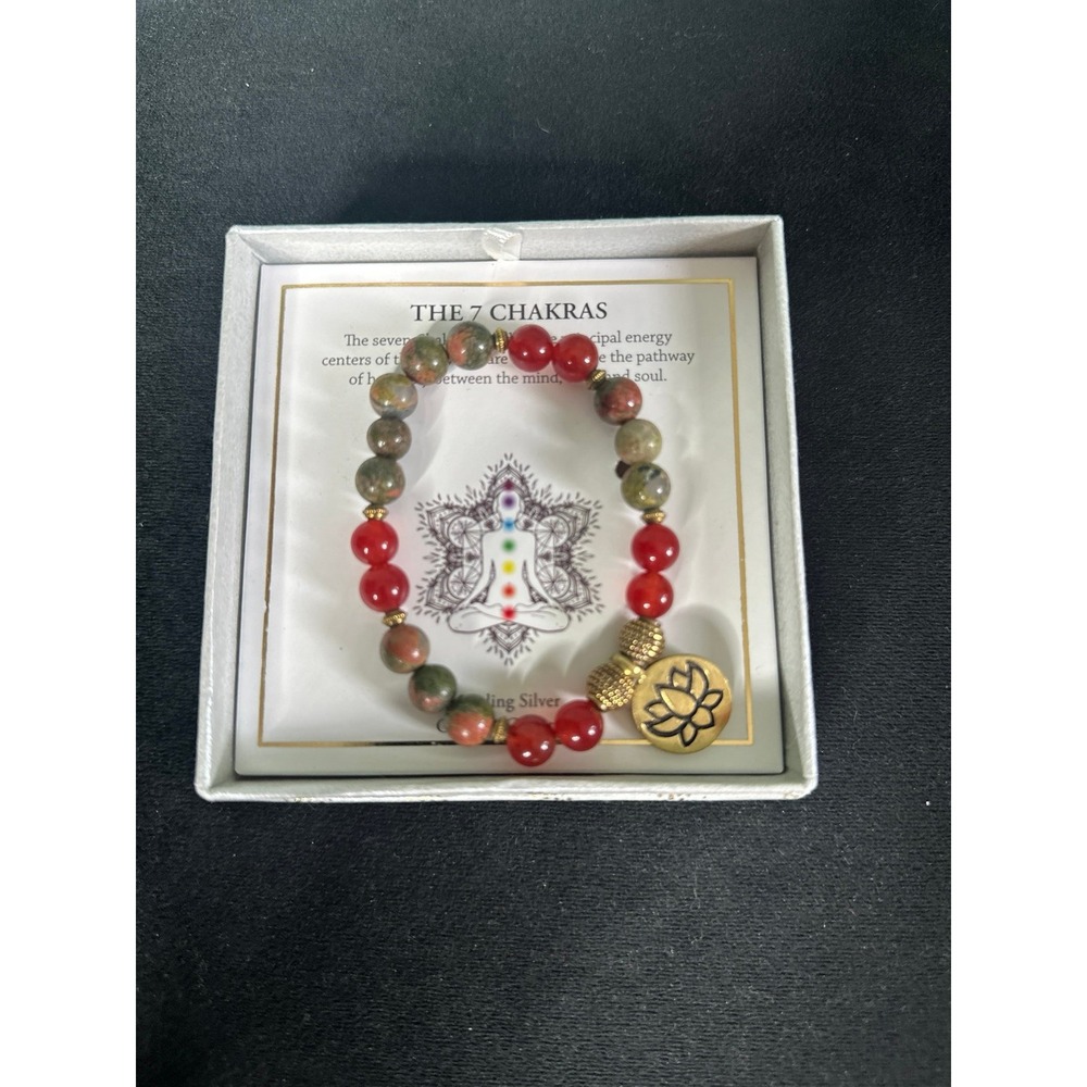 7 Chakras Red Jasper Unakite Bracelet Genuine Gemstones Lotus Charm Healing